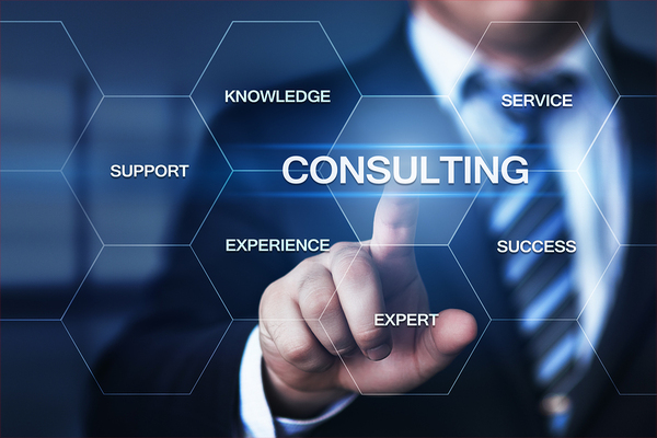 Man pointing to a graphic with the text Consulting