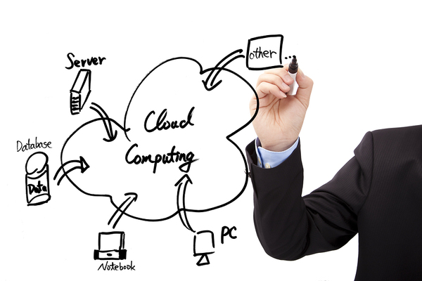 Person drawing on a whiteboard about the cloud computing process.