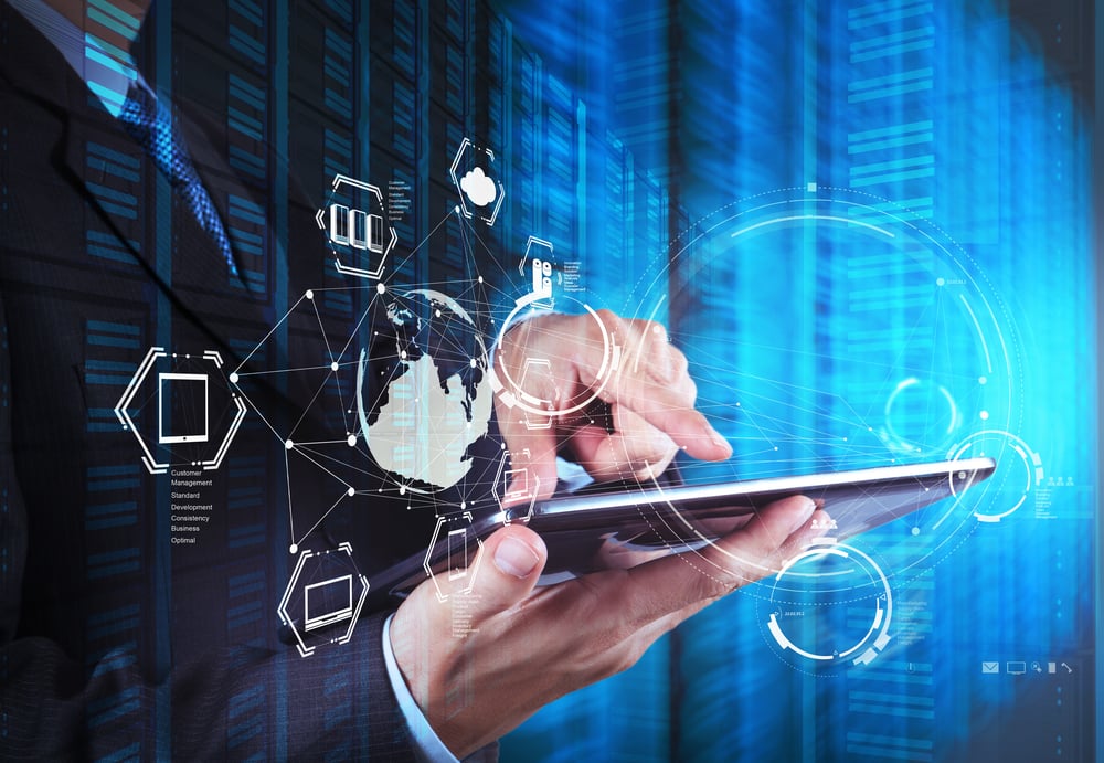 Double exposure of businessman shows modern technology as concept Double exposure of businessman shows modern technology as concept