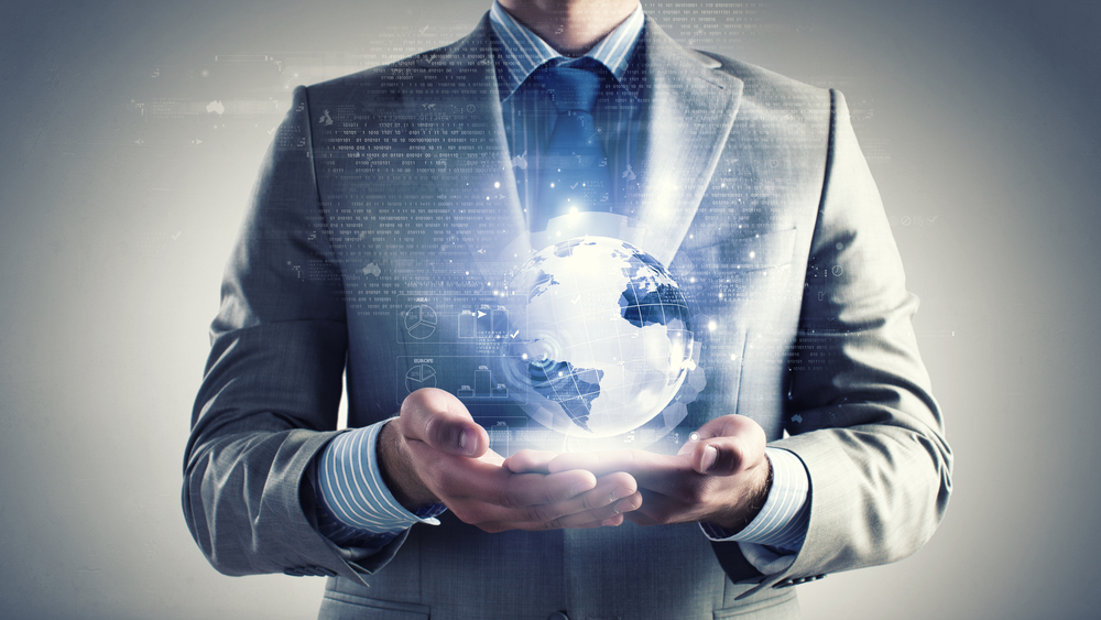 Close up of businessman holding digital globe in palm Close up of businessman holding digital globe in palm